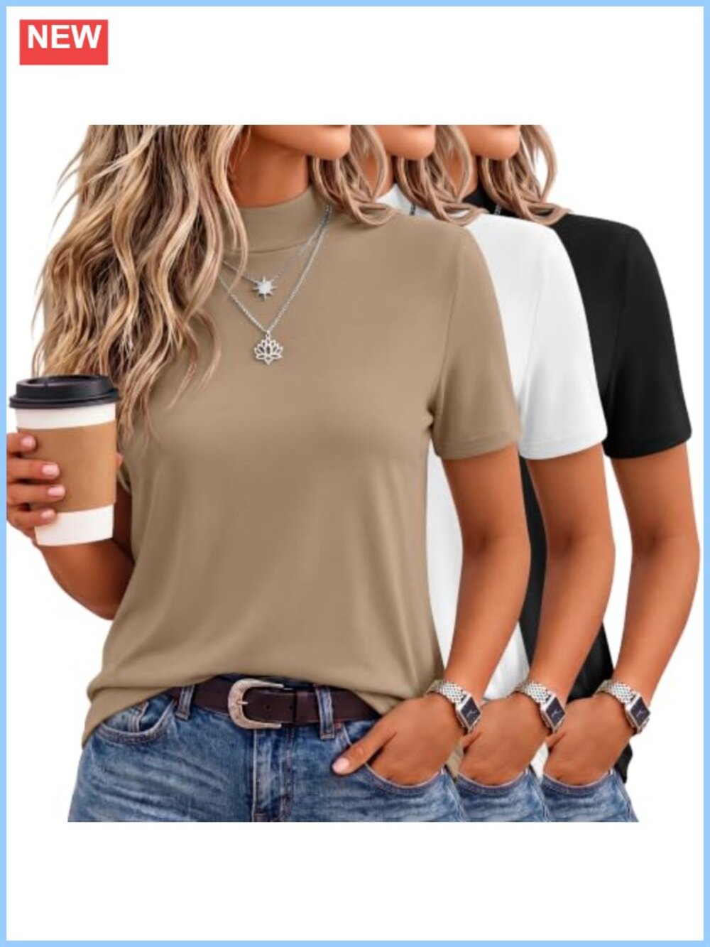 Neer 3 Pack Women's Mock Neck Short Sleeve T-Shirts Slim Fit Stretch